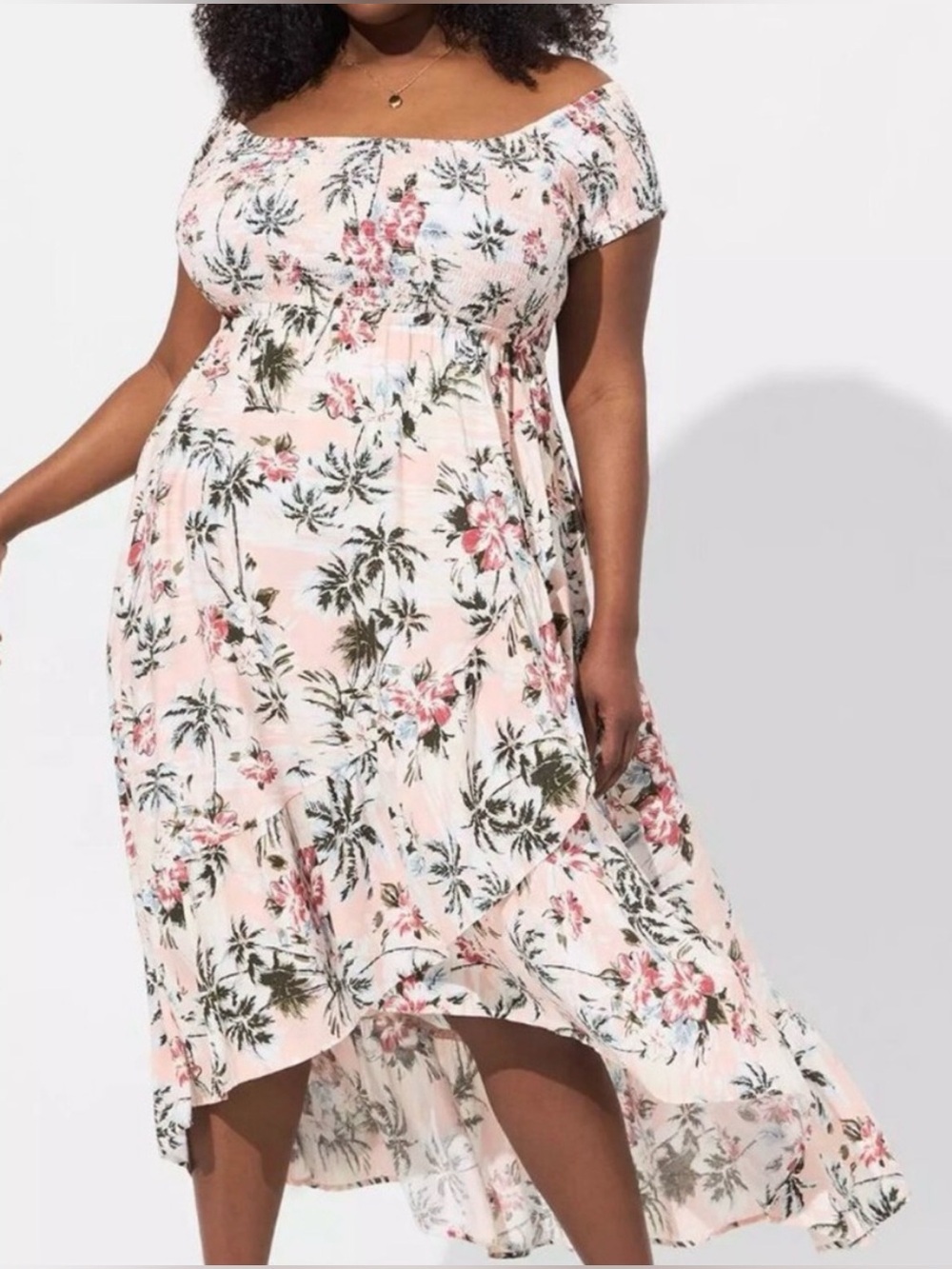 NWOT Torrid size 3 off-the-shoulder tropical floral smocked hi-lo midi dress